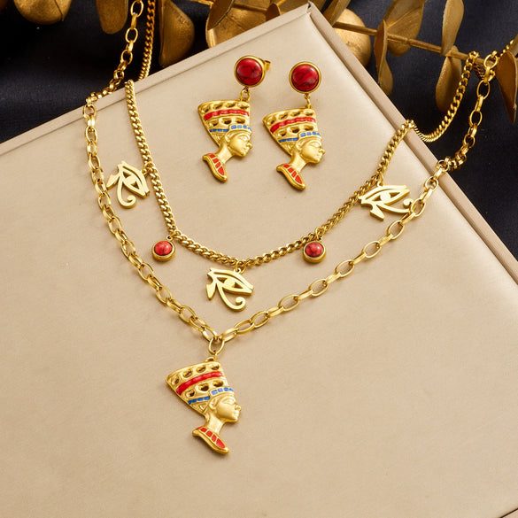 Wholesale Exotic Vintage Gold Plated Stainless Steel Cross Chain Portrait Pendant Jewelry Set With Eye Shaped Earrings For Women