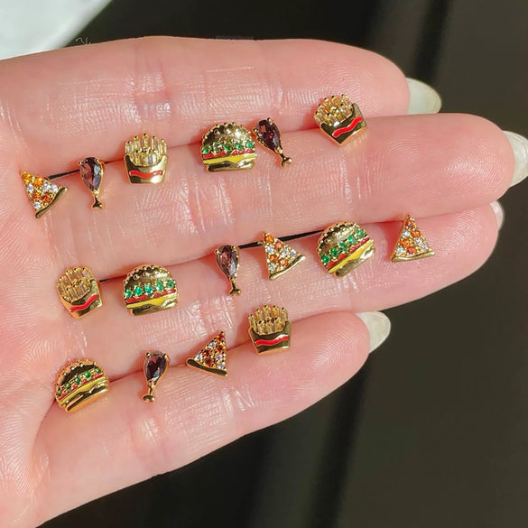 Wholesale Exquisite Earrings Fruit Burger Series Brass Inlaid Zircon Real Gold Plated Geometric Style For Women