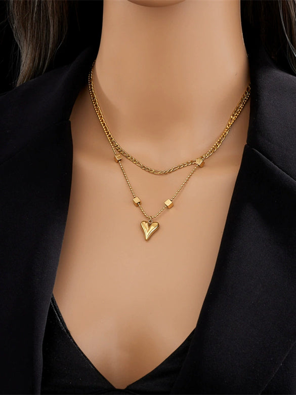 Wholesale Exquisite Simple Titanium Steel Heart Square Pendant Double Layer Stacked Unisex Necklace With Geometric Design And Electroplating
