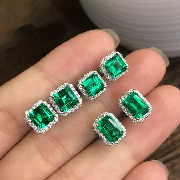 Wholesale Exquisite Square Ladies Earrings Copper Full Diamond Inlaid With Green Zircon Geometric Design