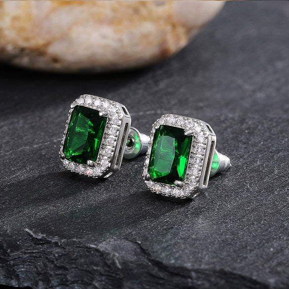 Wholesale Exquisite Square Ladies Earrings Copper Full Diamond Inlaid With Green Zircon Geometric Design