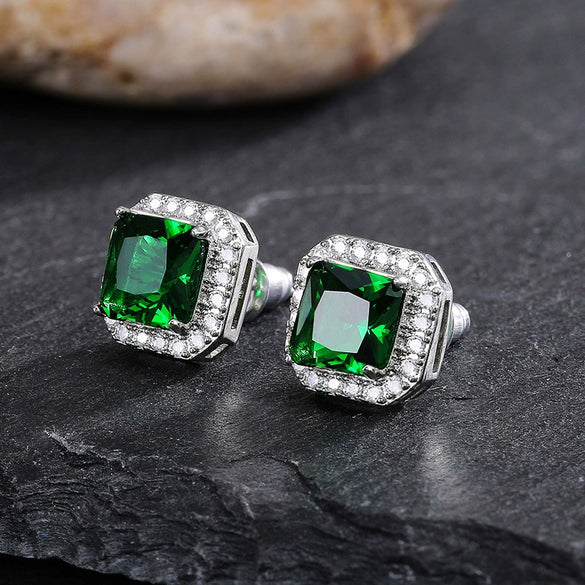 Wholesale Exquisite Square Ladies Earrings Copper Full Diamond Inlaid With Green Zircon Geometric Design
