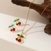 Wholesale Exquisite Sweet Fruit Style Inlaid Zircon Copper Pendant And Titanium Steel Ochain Necklace And Earrings Jewelry Set For Women