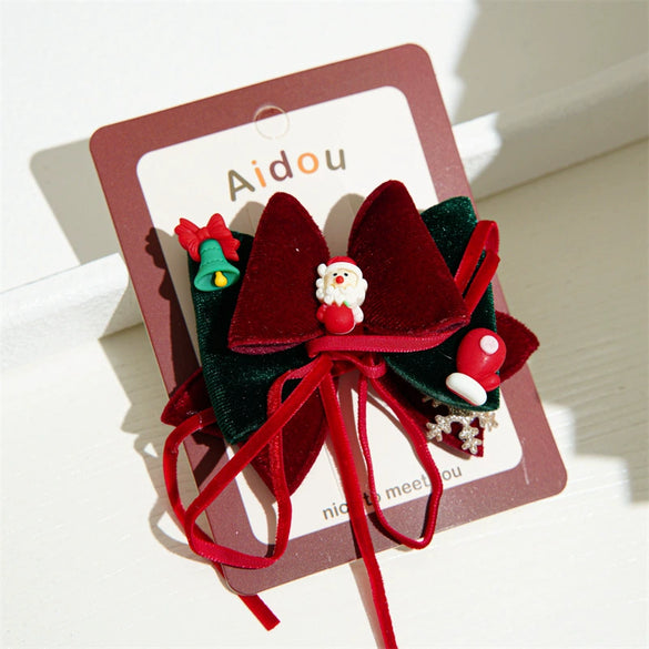 Wholesale Fabric Handmade Christmas Hair Accessories With Bell Bow Ribbon Elk Christmas Tree Elements Duckbill Clip For Women