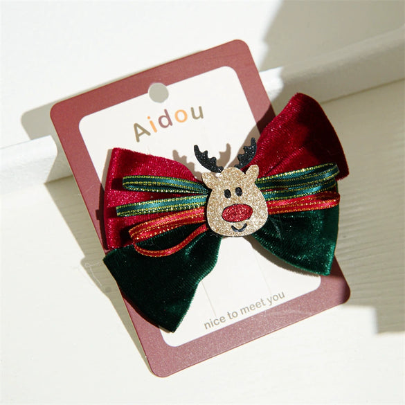 Wholesale Fabric Handmade Christmas Hair Accessories With Bell Bow Ribbon Elk Christmas Tree Elements Duckbill Clip For Women