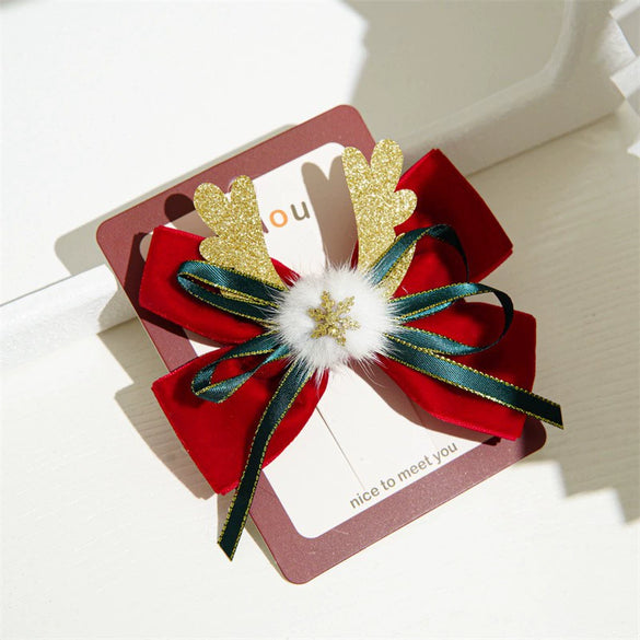 Wholesale Fabric Handmade Christmas Hair Accessories With Bell Bow Ribbon Elk Christmas Tree Elements Duckbill Clip For Women