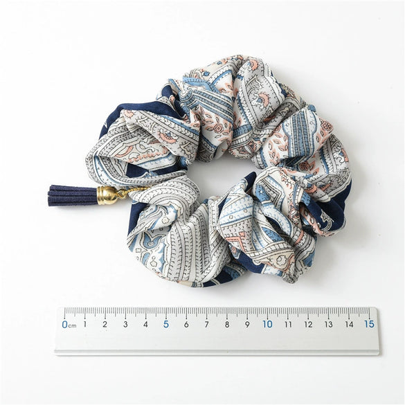 Wholesale Fabric Handmade Elastic Hair Ring With Tassel Hanging Ribbon In Retro Style