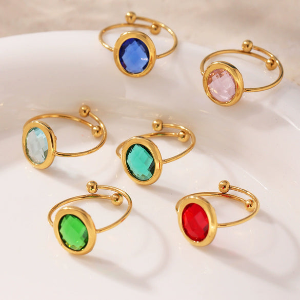 Wholesale Faceted Fiberglass Bead Opening Design Geometric Stainless Steel 18K Gold Electroplated Luxury Fashion Women's Ring