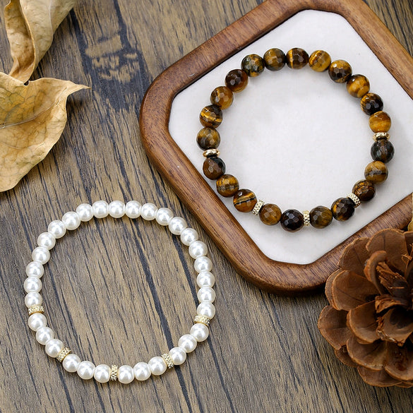 Wholesale Faceted Tiger Eye Stone And Imitation Pearl Handmade Unisex Bracelets