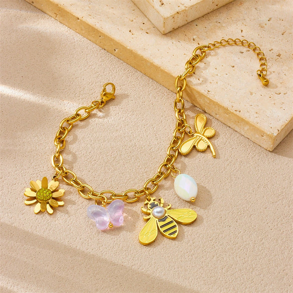 Wholesale Fashion Accessories Insect Animal Pendant Stainless Steel Chain Bracelet Gold Plated