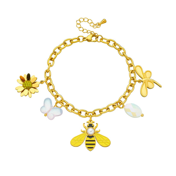 Wholesale Fashion Accessories Insect Animal Pendant Stainless Steel Chain Bracelet Gold Plated