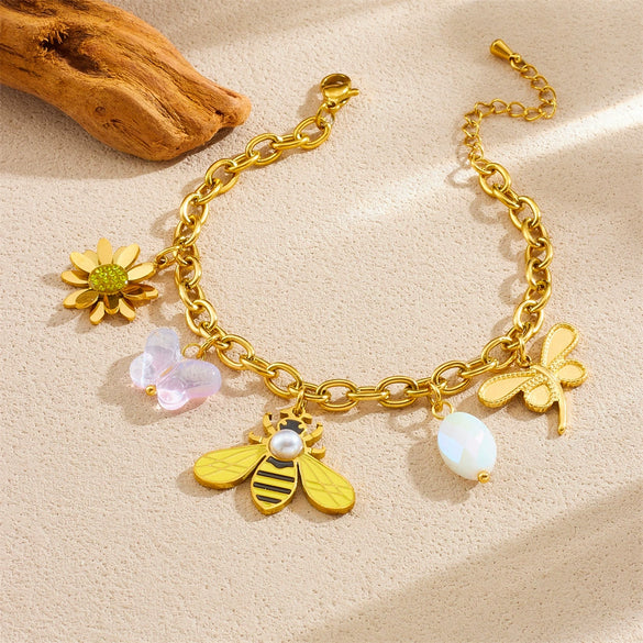 Wholesale Fashion Accessories Insect Animal Pendant Stainless Steel Chain Bracelet Gold Plated