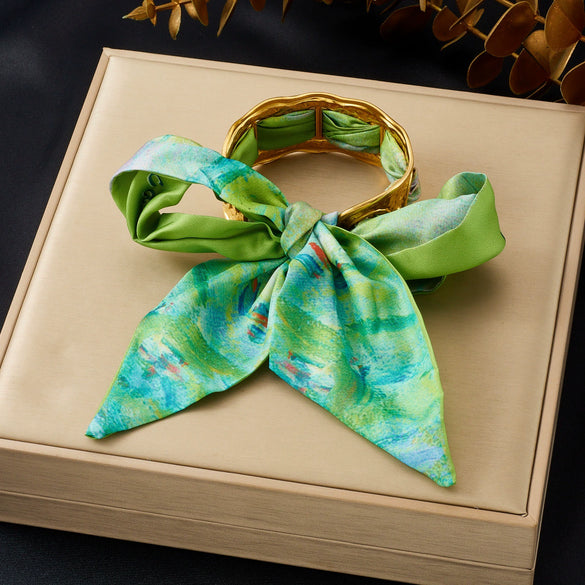 Wholesale Fashion Accessories Stainless Steel Electroplated Satin Printed Ribbon Bow Leopard Print Fabric Wrapped Ring Bracelet Plants And Flowers Style