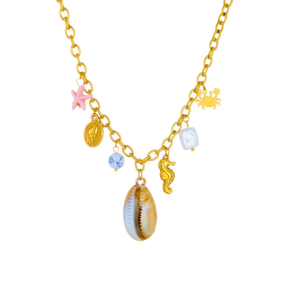 Wholesale Fashion Animal Zodiac Stainless Steel Gold Plated Necklace With Conch Crab Seahorse Pendant And O Word Chain