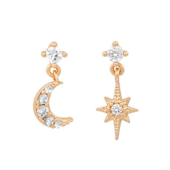 Wholesale Fashion Asymmetric Star Moon Earrings Brass With Zircon