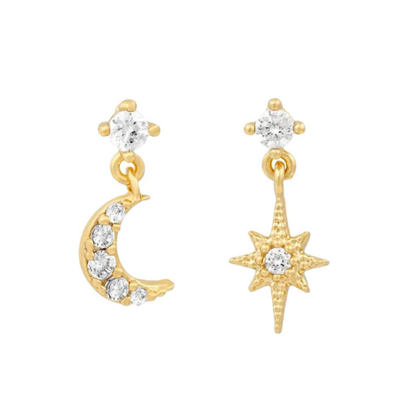 Wholesale Fashion Asymmetric Star Moon Earrings Brass With Zircon