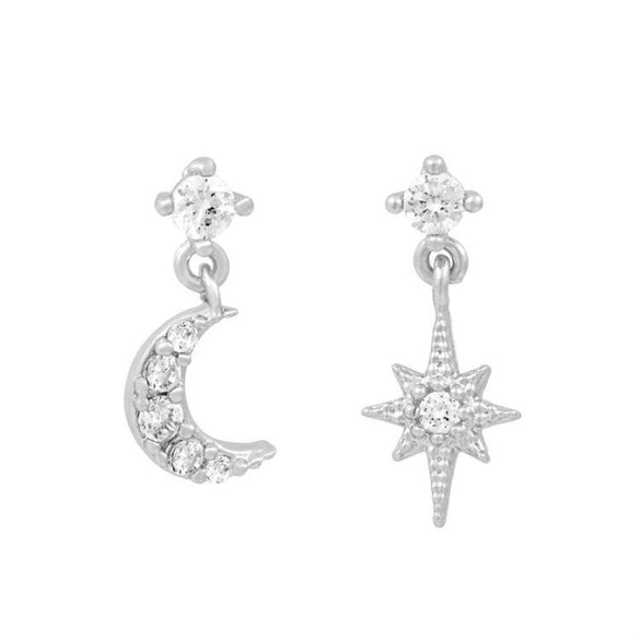 Wholesale Fashion Asymmetric Star Moon Earrings Brass With Zircon