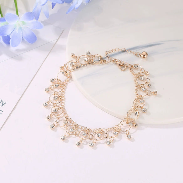 Wholesale Fashion Beach Dance Yoga Alloy Rhinestone Tassel Anklet With Geometric Design For Women