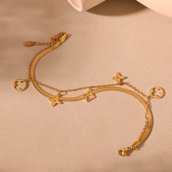 Wholesale Fashion Blade Chain Double Layer Four Leaf Flower Geometric Stainless Steel Anklet For Women