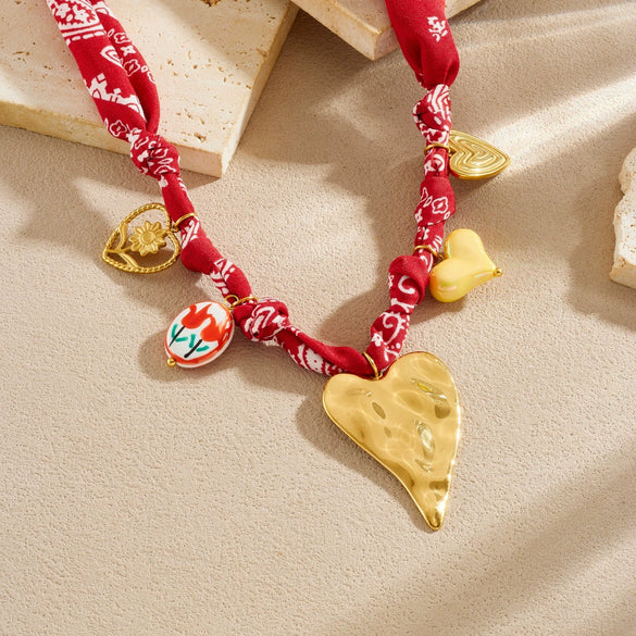 Wholesale Fashion Bohemian Style Fabric Silk Scarf With Electroplated Stainless Steel Heart Water Drop Bell Shaped Pendant Necklace And Bracelet Set For Women