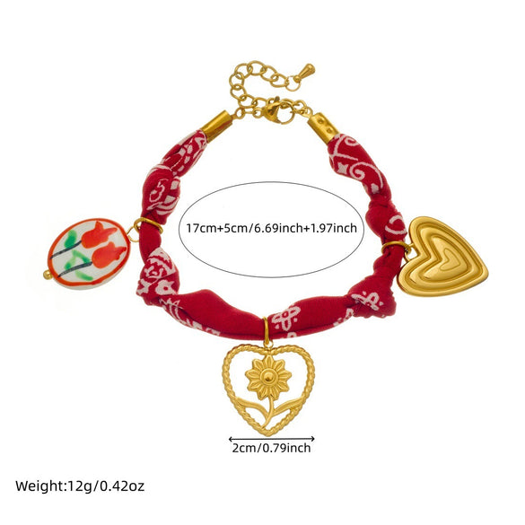 Wholesale Fashion Bohemian Style Fabric Silk Scarf With Electroplated Stainless Steel Heart Water Drop Bell Shaped Pendant Necklace And Bracelet Set For Women