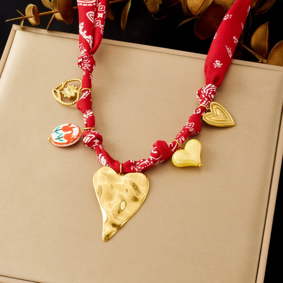 Wholesale Fashion Bohemian Style Fabric Silk Scarf With Electroplated Stainless Steel Heart Water Drop Bell Shaped Pendant Necklace And Bracelet Set For Women
