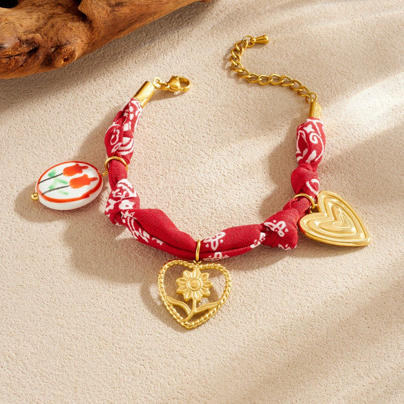 Wholesale Fashion Bohemian Style Fabric Silk Scarf With Electroplated Stainless Steel Heart Water Drop Bell Shaped Pendant Necklace And Bracelet Set For Women
