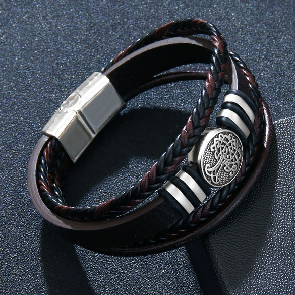 Wholesale Fashion Bracelet Zinc Alloy Multilayer Woven Leather Pu Leather Geometric Electroplating Unisex Men's