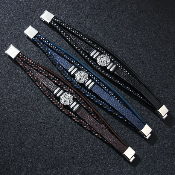 Wholesale Fashion Bracelet Zinc Alloy Multilayer Woven Leather Pu Leather Geometric Electroplating Unisex Men's