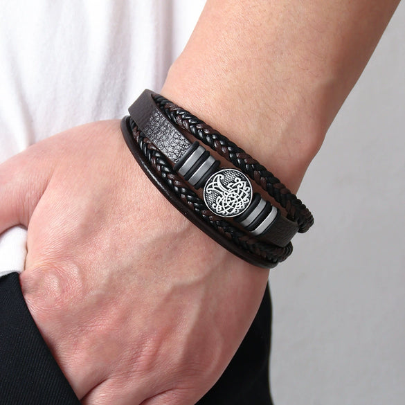 Wholesale Fashion Bracelet Zinc Alloy Multilayer Woven Leather Pu Leather Geometric Electroplating Unisex Men's