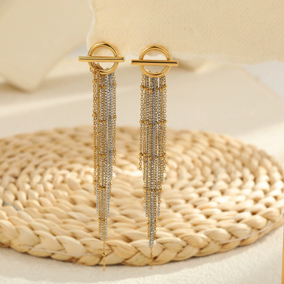 Wholesale Fashion Colorblocked Tassel Long Stainless Steel Earrings For Women 18K Electroplated