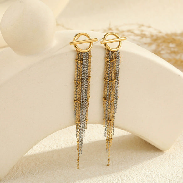 Wholesale Fashion Colorblocked Tassel Long Stainless Steel Earrings For Women 18K Electroplated