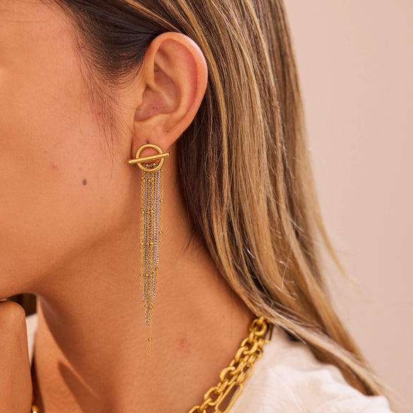 Wholesale Fashion Colorblocked Tassel Long Stainless Steel Earrings For Women 18K Electroplated