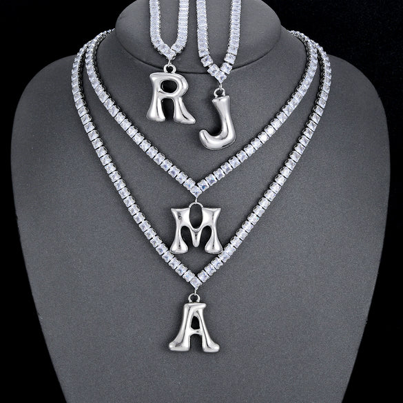 Wholesale Fashion Copper Zircon Necklace With Letters Numbers Text Pattern And Electroplating Cuban Chain Pendant