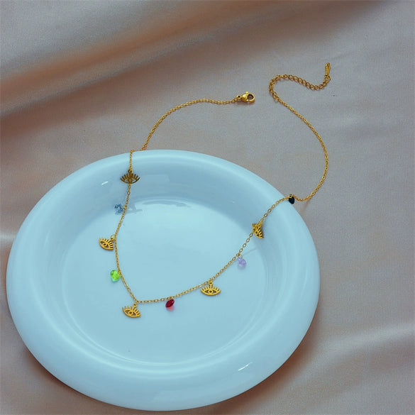 Wholesale Fashion Creative Colorful Beaded Oval Hollow Eye Geometric Titanium Steel Chain Necklace With Electroplating