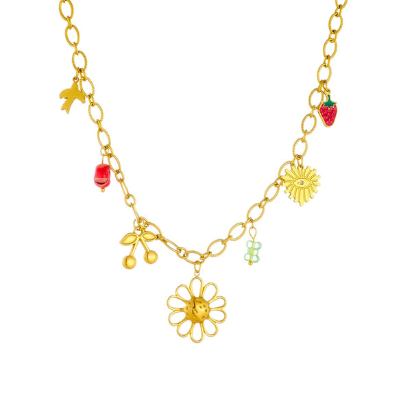 Wholesale Fashion Creative Multielement Stainless Steel Flower Pendant O Word Chain Necklace With Electroplating