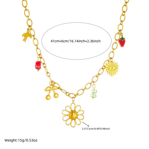 Wholesale Fashion Creative Multielement Stainless Steel Flower Pendant O Word Chain Necklace With Electroplating