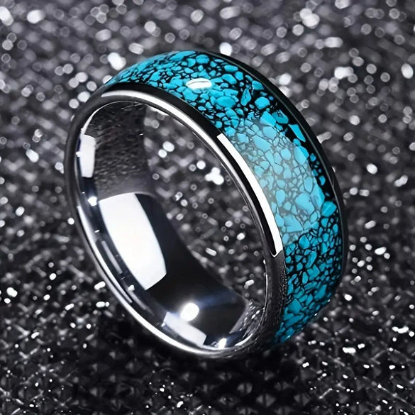 Wholesale Fashion Creative Silver Blue Background Patch Stainless Steel Ring With Geometric Style And Electroplating Treatment