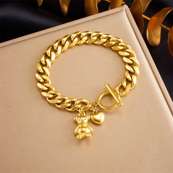 Wholesale Fashion Creative Stainless Steel Goldplated Bear Love Pendant Bracelet With Ot Buckle