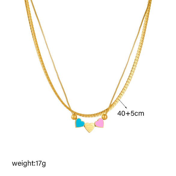 Wholesale Fashion Creative Stylish Double Layer Stacked Colorful Love Pendant Twist Chain Stainless Steel Necklace With Heart Shape And Electroplating