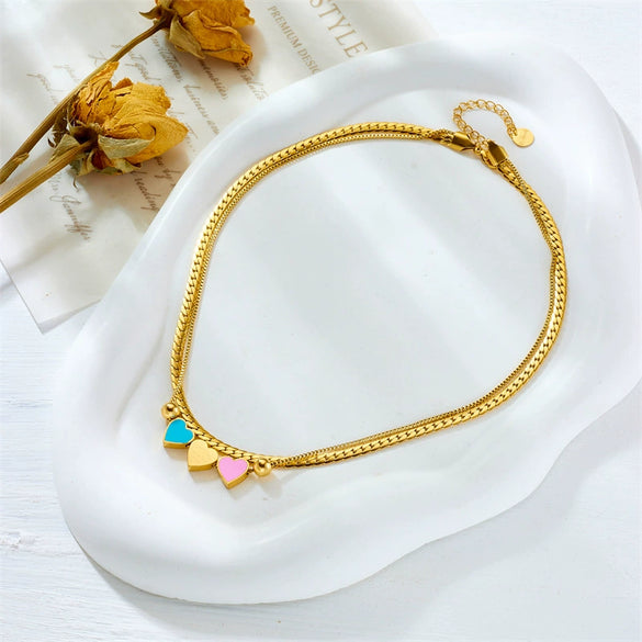 Wholesale Fashion Creative Stylish Double Layer Stacked Colorful Love Pendant Twist Chain Stainless Steel Necklace With Heart Shape And Electroplating