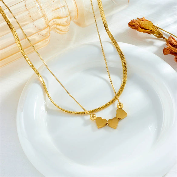 Wholesale Fashion Creative Stylish Double Layer Stacked Colorful Love Pendant Twist Chain Stainless Steel Necklace With Heart Shape And Electroplating