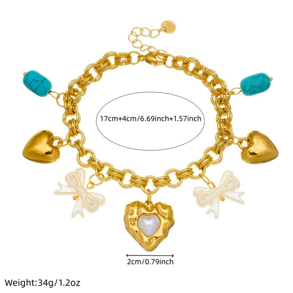 Wholesale Fashion Cute Cartoon Diy Pearl Heart Bow Tie Pendant Gold Plated Stainless Steel Bracelet For Women