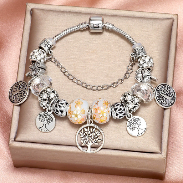 Wholesale Fashion Design Zinc Alloy Life Tree Beaded Bracelet With Flower Pattern And Seiko Design