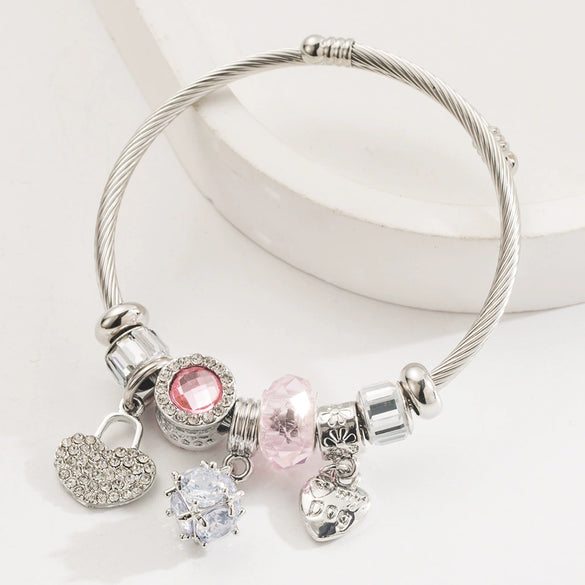 Wholesale Fashion Diamond Heart Shape Alloy Adjustable Couple Bracelet With Love Pendant For Women
