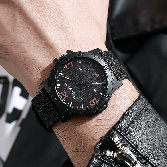 Wholesale Fashion Digital Men's Watch With Canvas Strap And Round Dial Metal Case Pin Buckle Ordinary Glass Mirror Leisure Style