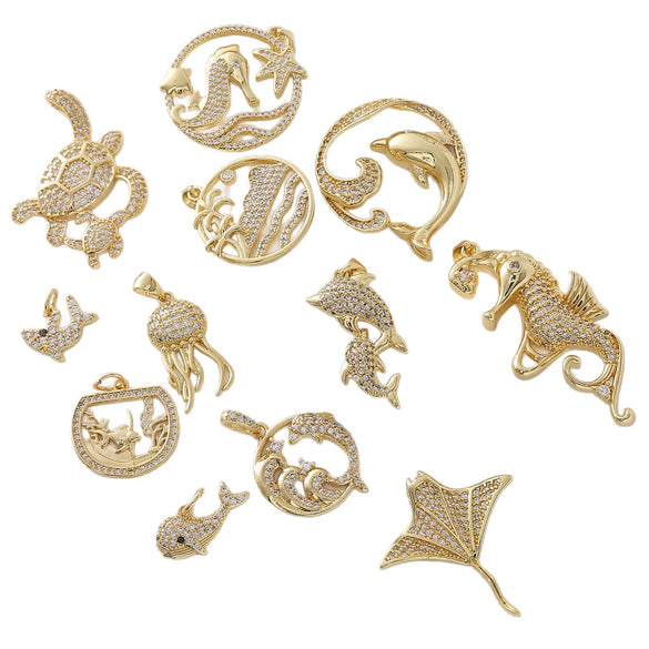 Wholesale Fashion Dolphin Seahorse Turtle Pendant Diy Necklace Jewelry Accessories Copper 18K Gold Plated