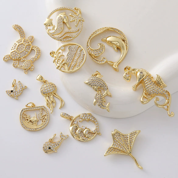 Wholesale Fashion Dolphin Seahorse Turtle Pendant Diy Necklace Jewelry Accessories Copper 18K Gold Plated
