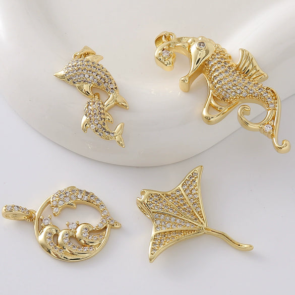 Wholesale Fashion Dolphin Seahorse Turtle Pendant Diy Necklace Jewelry Accessories Copper 18K Gold Plated