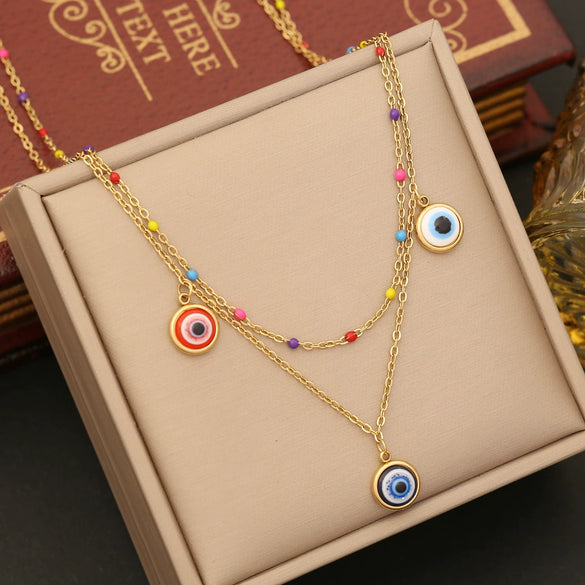 Wholesale Fashion Double Chain Stainless Steel Clavicle Chain Necklace With Dripping Oil Eyes Design